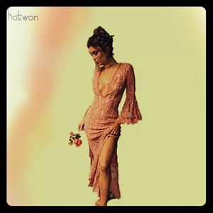 Pink Lace Deep V-Neck Boho Maxi Dress